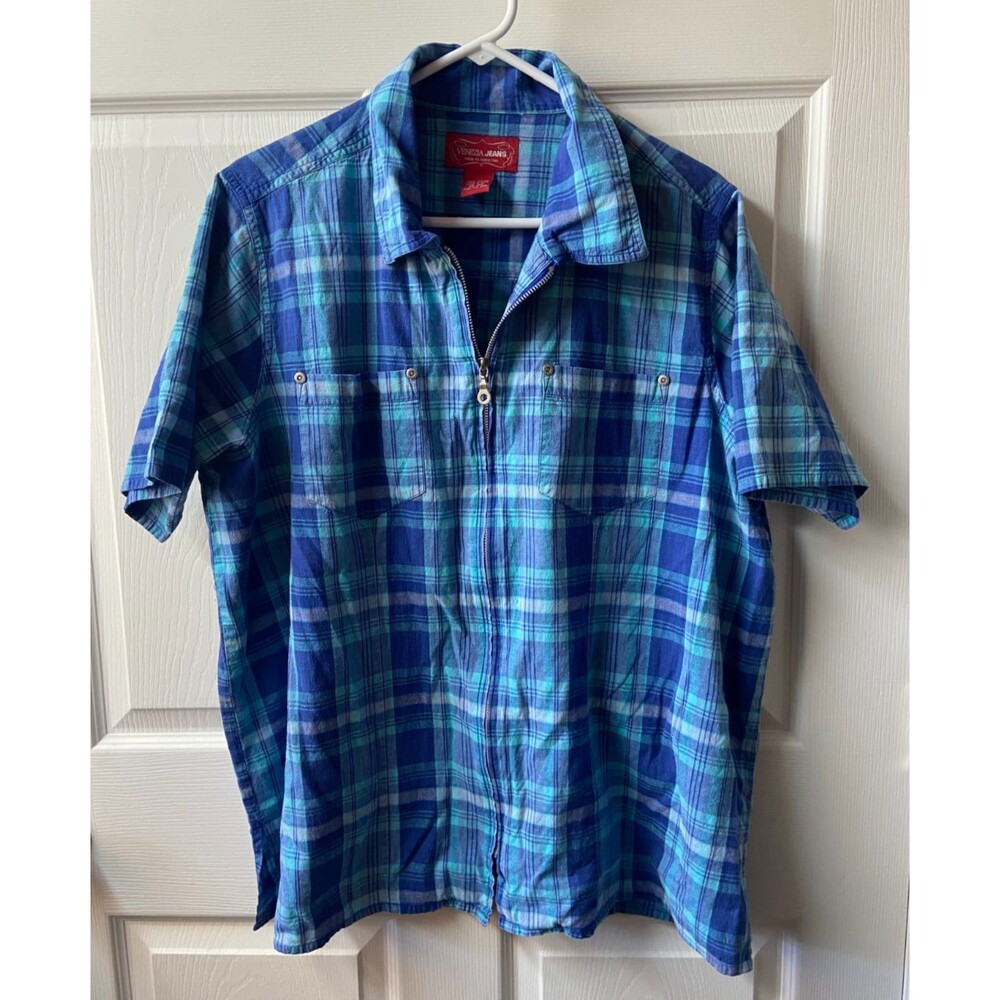 Venezia Jeans Zip Front Shirt Womans Plus Size 18/20 Blue Plaid Short Sleeve